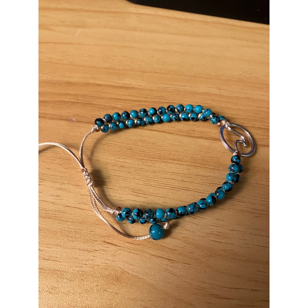Turquoise Black Marbled Bead Wave Charm Adjustable Bracelet Blue Silver